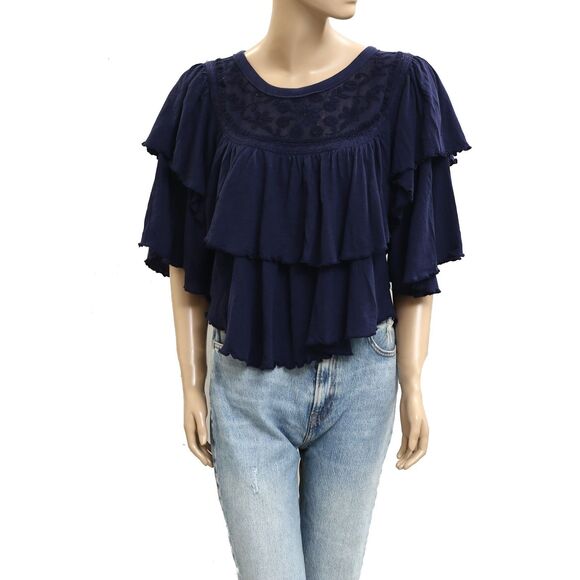 Free People Rose Party Tee Blouse Top Swingy Lace Embroidered Ruffle M 281559 - Picture 3 of 6